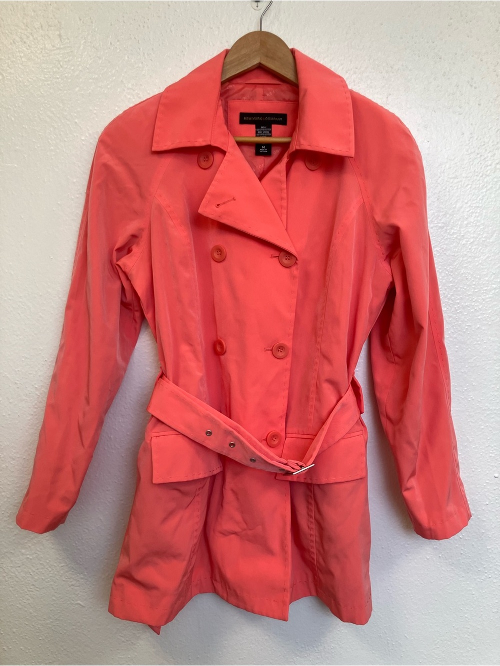 Coral Pink Double Breasted Mid Length Trench Jacket With Belt M Stitch Detail